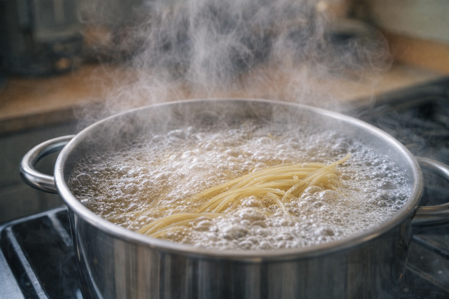 A close-up shot of spaghetti noodles boiling vigorously in a stainless steel pot, steam rising, bubbles forming